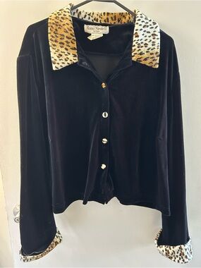Ronni Nicole Black Velvet Button-Down Top with Leopard Trim